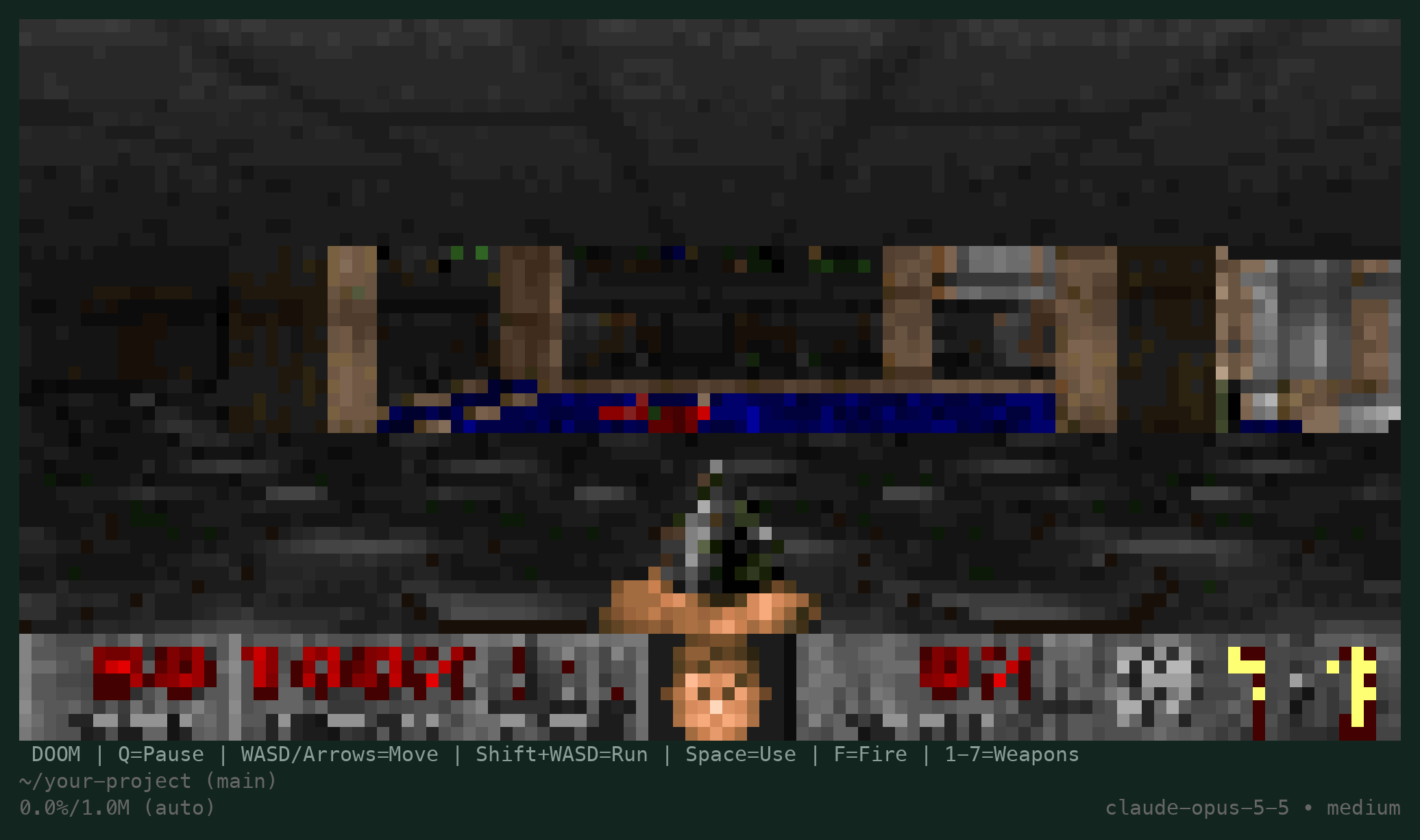 Doom running inside pig through the unchanged pi-doom extension, above the pig footer